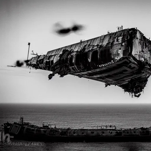 Image similar to airborne view, crashed cargo ship leaking mysterious black slime, black gooey liquid leaking out of crashed cargo ship, apocalyptic, ruined, container ship, crashed, 8 5 mm f / 1. 4