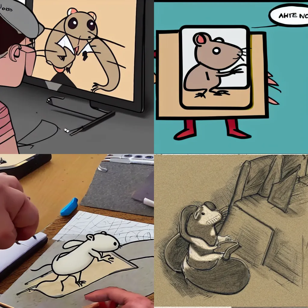 Prompt: a rat artist animating a cartoon