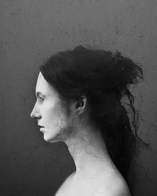 Image similar to a woman's face in profile, long hair made of leaf skeletons, in the style of the Dutch masters and Gregory Crewdson, dark and moody