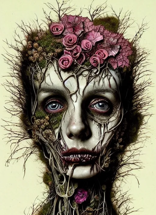 Image similar to beautiful and detailed rotten woman corpse made of fractal plants and many different types of flowers, muscles, veins, arteries, intricate, organs, ornate, surreal, john constable, guy denning, dan hillier