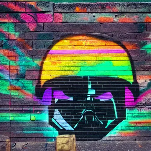 Prompt: a neon rainbow darth vader as grafitti on a brick wall.