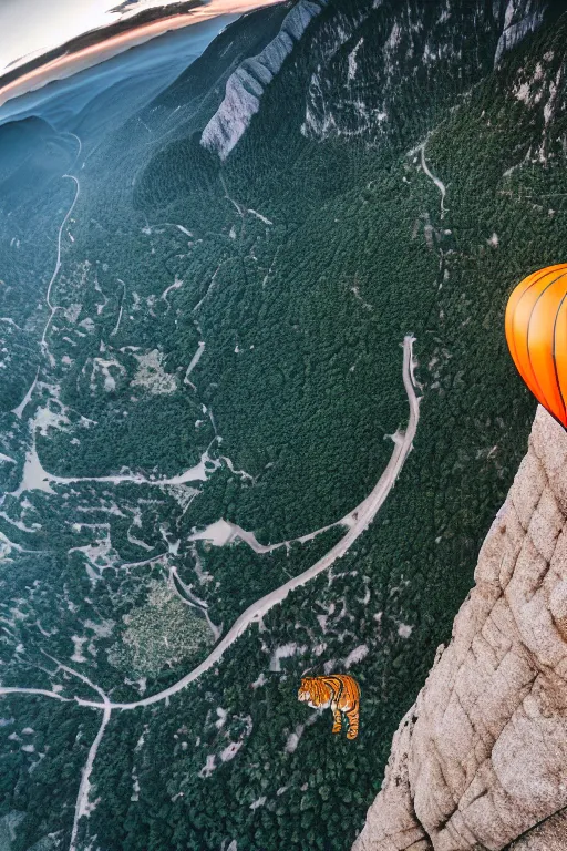 Prompt: cinematic hairy tiger attached to a large open balloon parachute jumping from a mountain cliff. photo captured by a drone. wide angles lens. epic