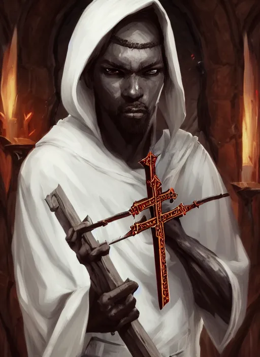 Prompt: a highly detailed illustration of white haired african priest wearing white robe, wielding bloody cross, gothic church background, intricate, elegant, highly detailed, centered, digital painting, artstation, concept art, smooth, sharp focus, league of legends concept art, wlop