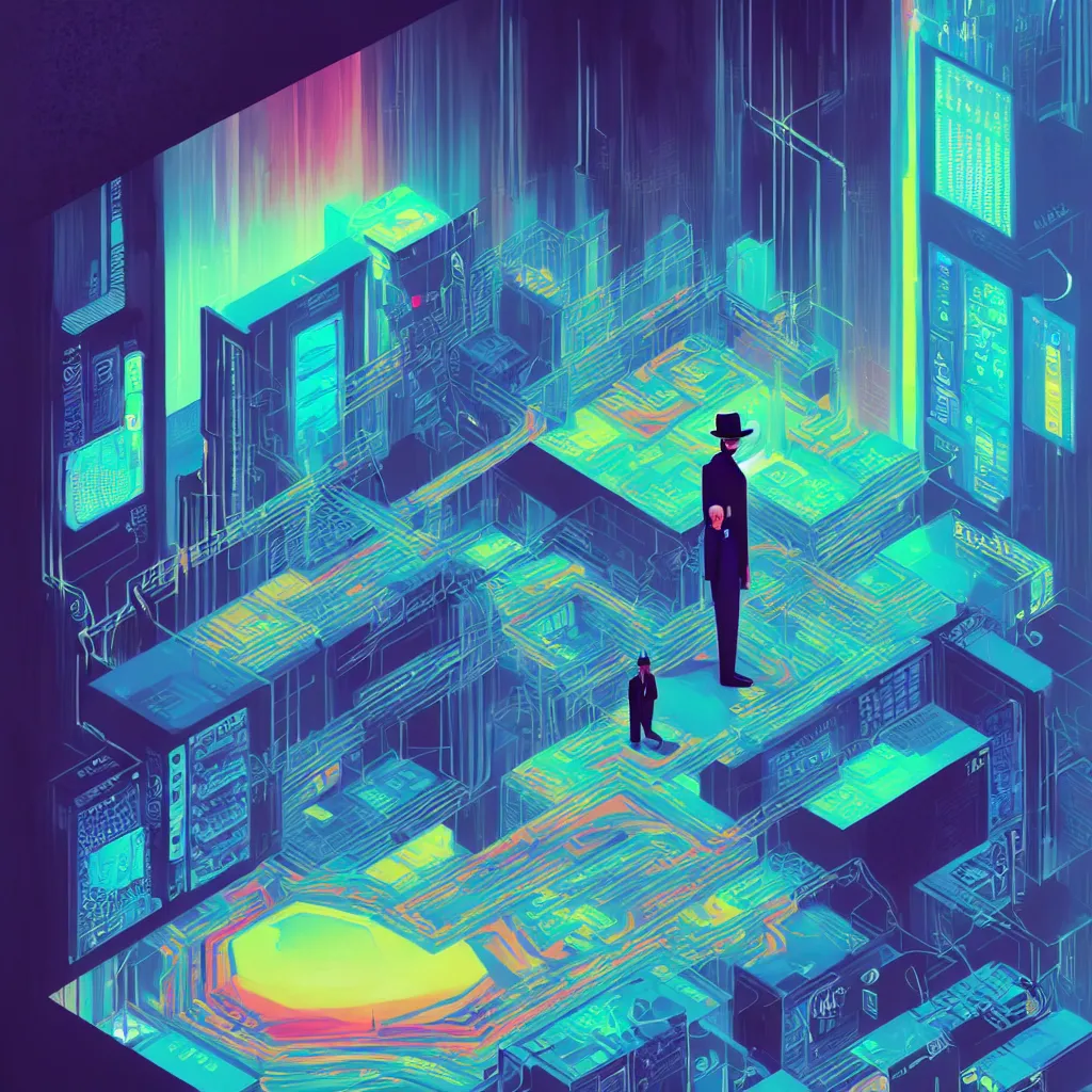 Image similar to illustration of a data-center architecture or schema, security agent with black hat, datastream or river, painting by Jules Julien, Leslie David and Lisa Frank and Peter Mohrbacher and Alena Aenami and Dave LaChapelle muted colors with minimalism