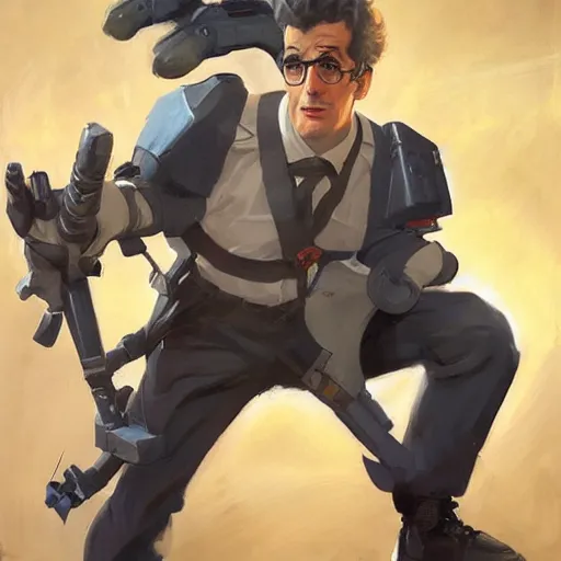 Prompt: greg manchess portrait painting of armored dr. egon spengler as overwatch character, medium shot, asymmetrical, profile picture, organic painting, sunny day, matte painting, bold shapes, hard edges, street art, trending on artstation, by huang guangjian and gil elvgren and sachin teng