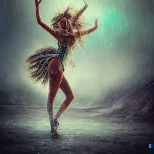 Prompt: a atompunk art raver girl dancing on beach rain and fog peter mohrbacher and chris dyer, intricate detail, finely detailed, small details, extra detail, photorealistic, high resolution, vray, hdr, hyper detailed, insane details, intricate, elite, ornate, elegant, luxury, dramatic lighting, octane render, weta digital, micro details, 3 d sculpture