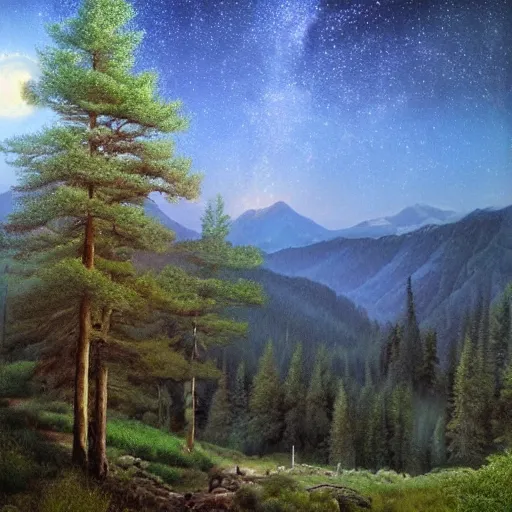 Image similar to incredible scenery mountainscape picturesque forest woods at night countryside beautiful stars stars in the sky by james gurney artstation hyperrealism photo - realistic lifelike photography photorealistic