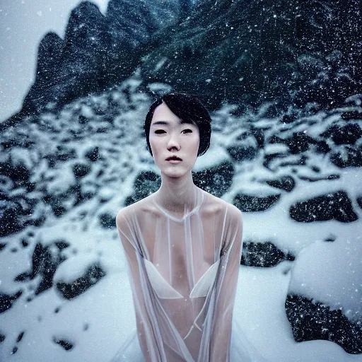 Image similar to a instax photo of fuji mountain, a tall japanese girl in a transparent sheer fabric dress against the background of fuji mountain, severe snow, full body shot, perfect symmetrical body, perfect symmetrical face, coherent symmetrical eyes, by peter kemp, by monia merlo, hyperrealistic, hyperdetailed, octane render, 8 k