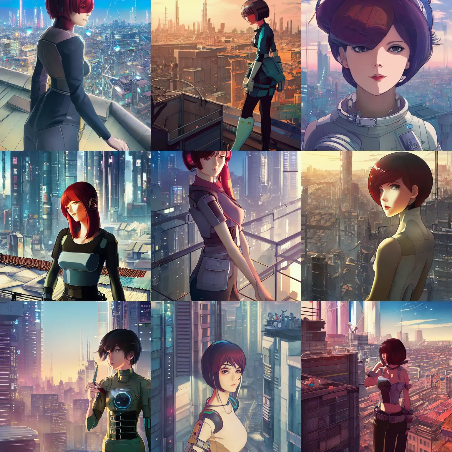 Prompt: female android on a rooftop overlooking a cyberpunk city, ilya kuvshinov face, highly detailed, cel shading, digital painting, anime key visual, in the style of hayao miyazaki and alphonse mucha