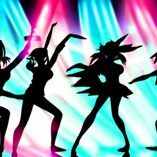 Image similar to dark dancing silhuettes in a dance club, colorful lights, dramatic lighting, a lot of energy, still from an anime by studio ghibli