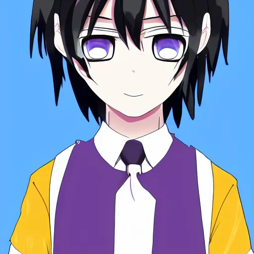 Image similar to small boy with black hair and blue purple eye, school uniform, anime style, hyper detailed, illustration, digital painting