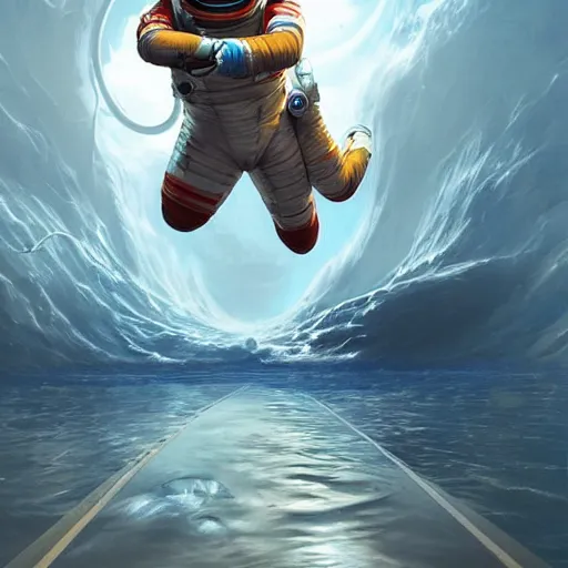 Prompt: photograph of an astronaut running on water，unreal engine 5, extreme detail, focused, masterpiece, art by Peter Mohrbacher