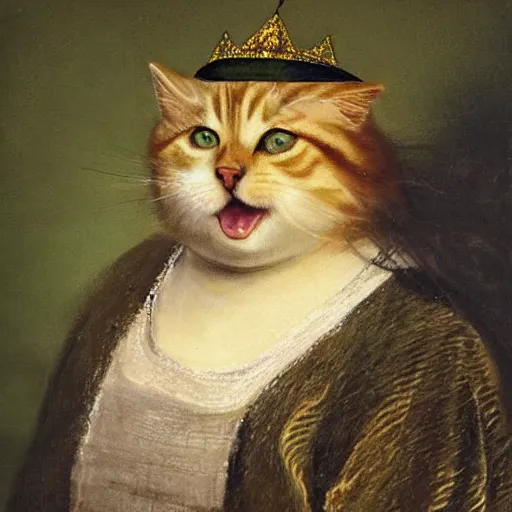 Prompt: a fat tabby cat with green eyes and long fur and dark fur wearing aristocratic robes and a golden necklace and a crown sitting in a garden in the style of Rembrandt