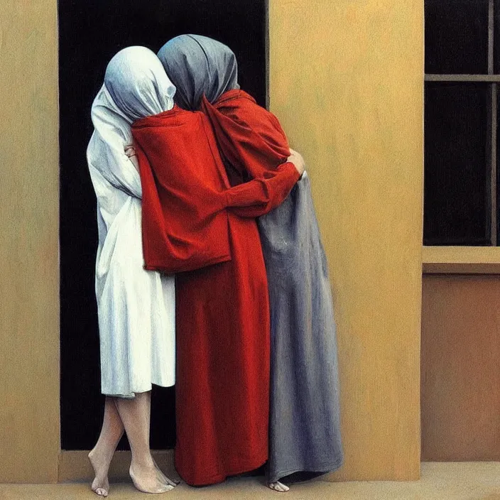 Image similar to two women hugging with a paper bag over the head dressed in plastic bags, highly detailed, artstation, art by, , edward hopper, Zdzislaw Beksinski, highly detailed