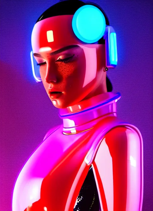 Image similar to a sensual female humanoid with freckles cheeks, retro futurism, cyber neon lighting, detailed futuristic jewelry, retro futuristic glossy latex suit, transparent vest, profile posing, hyper photorealistic, crispy quality, digital photography, trending in artstation, trending in pinterest, cinematic, 4 k ultra hd, art by pascal blanche, art by greg rutkowski,