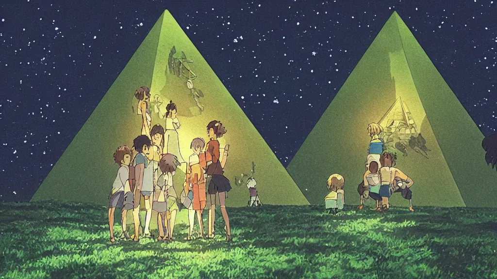 Prompt: a movie still from a studio ghibli film showing a glowing pyramid in the rainforest. a group of giant aliens meditate outside on a misty and starry night. by studio ghibli