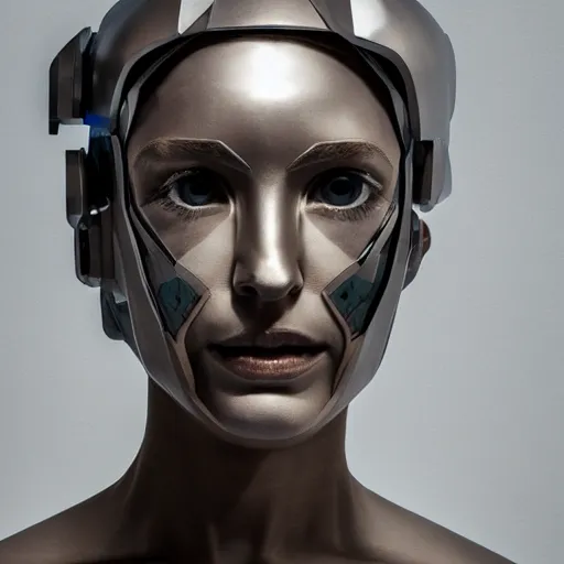 Image similar to a head and shoulders portrait of a female cyborg in her 20s, sculpture made of marble and aluminum, studio photography, cyberpunk lighting