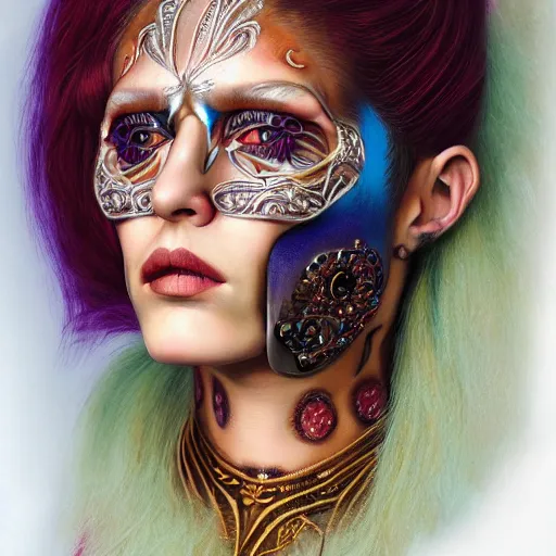 Image similar to an award finning closeup facial portrait by luis rogyo and john howe of a bohemian female cyberpunk traveller clothed in excessively fashionable 8 0 s haute couture fashion and wearing ornate art nouveau body paint