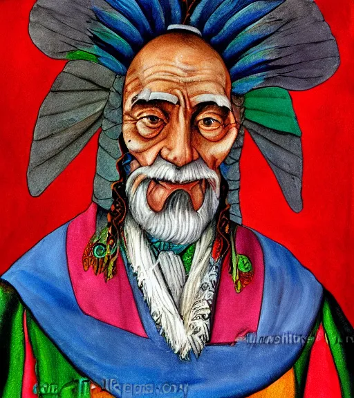 Image similar to Portrait painting in a style of Hieronim Bosch of an old shaman dressed in a colorful traditional clothes.