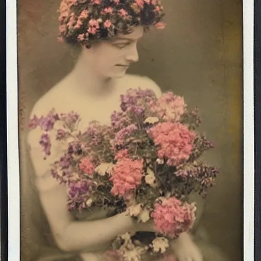 Image similar to woman covered in flowers, 1910 polaroid photography,