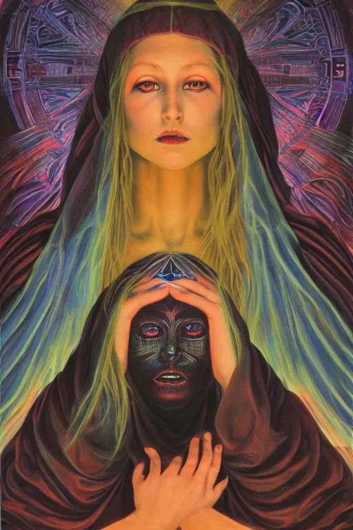 Prompt: gorgeous robed cult girl performing realism third eye ritual, dark theme night time, expanding energy into waves into the ethos, epic surrealism 8k oil painting, portrait, depth of field, perspective, high definition, post modernist layering, by Ernst Fuchs, Gerald Brom