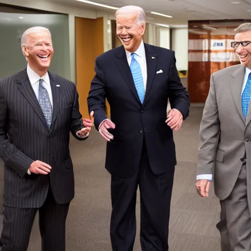 Image similar to stock photo of kim kardashian, joe biden, and bill gates wearing suits and ties laughing in an office building, 8k resolution, full HD, cinematic lighting, award winning, anatomically correct