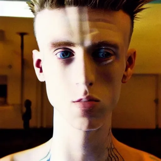 Image similar to “a realistic detailed photo of a guy who is an attractive humanoid who is half robot and half humanoid, who is a male android, rapper Machine Gun Kelly, shiny skin, posing like a statue, blank stare”