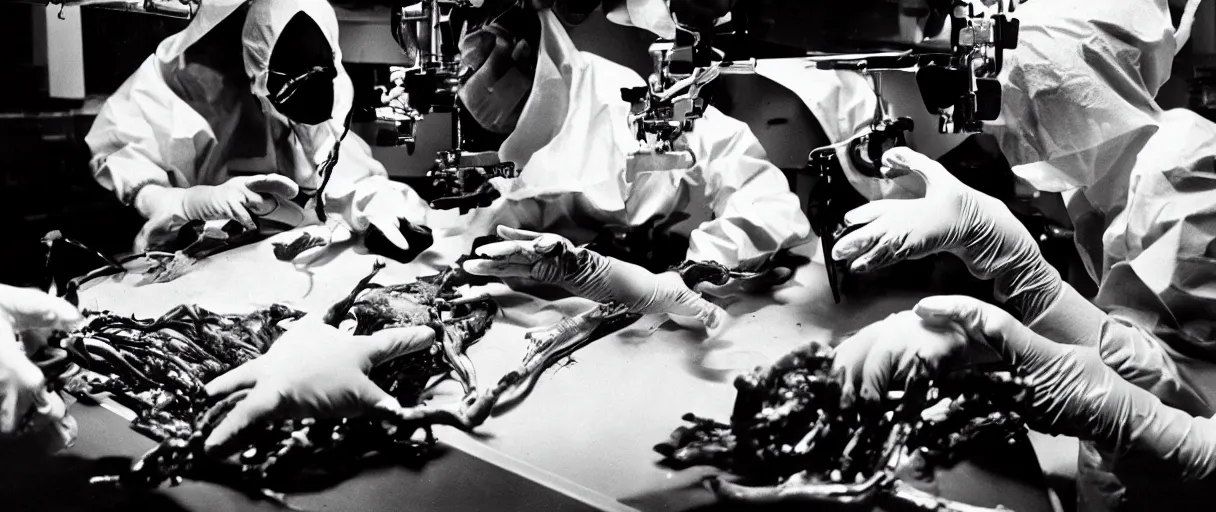 Image similar to filmic dutch angle extreme closeup movie still 4 k uhd 3 5 mm film color photograph of hands wearing surgical gloves dissecting a deceased mysterious grotesque alien specimen in a lab