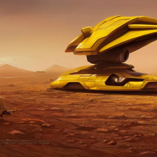 Prompt: a yellow african futuristic spaceship on a desert planet, science - fiction, matte painting, james gurney, greg rutkowski, artstation