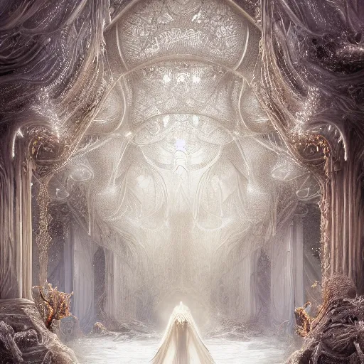 Prompt: under an white intricate like lace epic forest suspended in the air upside down, a white pool with intricate epic circles of water within floating female bio - robots, dressed in intricate veils and jewels, and an intricate mythological underwater city, epic environment, matte painting, diffused lighting, highly detailed, cinematic, epic atmosphere, digital art, trending on artstation, wide angle