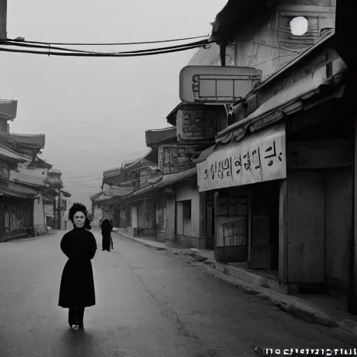 Image similar to 1950s Korean thriller film noir, a view of Shin Sang-ok in the middle of an empty scene, 35mm film, Cooke Varotal 20-100 T3.1