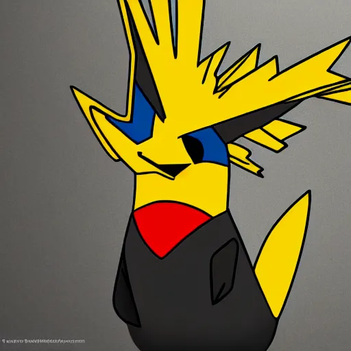 Image similar to zapdos. thunderbird pokemon. zapdos zapdos zapdos. spiky bird. birdform. flying lightning bird. yellow color.