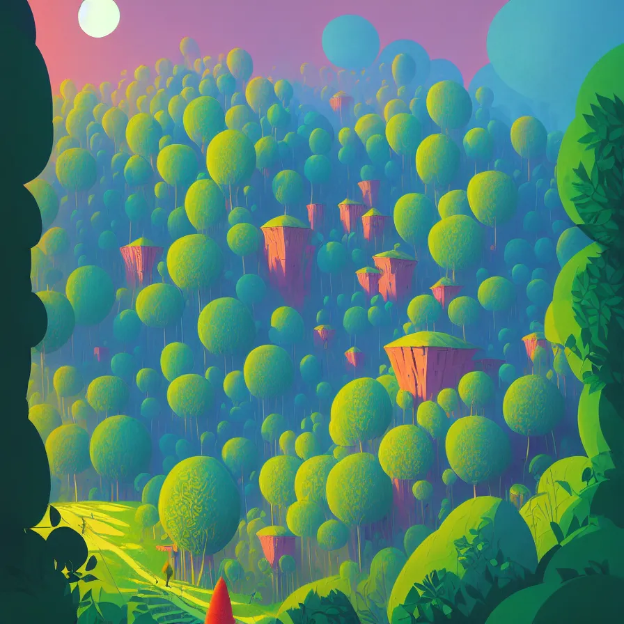 Image similar to ( ( ( gediminas pranckevicius ) ) ), bukit perak jungle summer morning, very coherent and colorful high contrast art by james gilleard floralpunk screen printing woodblock, dark shadows, pastel color, hard lighting