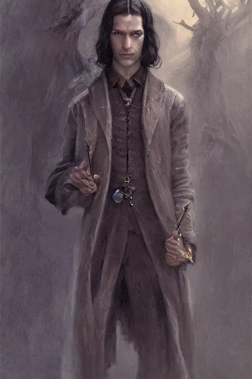 Prompt: skinny fantasy male sorcerer, long dark hair, 1 9 2 0 s, elegant, highly detailed, intricate, smooth, sharp focus, artstation, digital paining, concept art, art by donato giancola, greg rutkowski, cedric peyravernay, valentina remenar