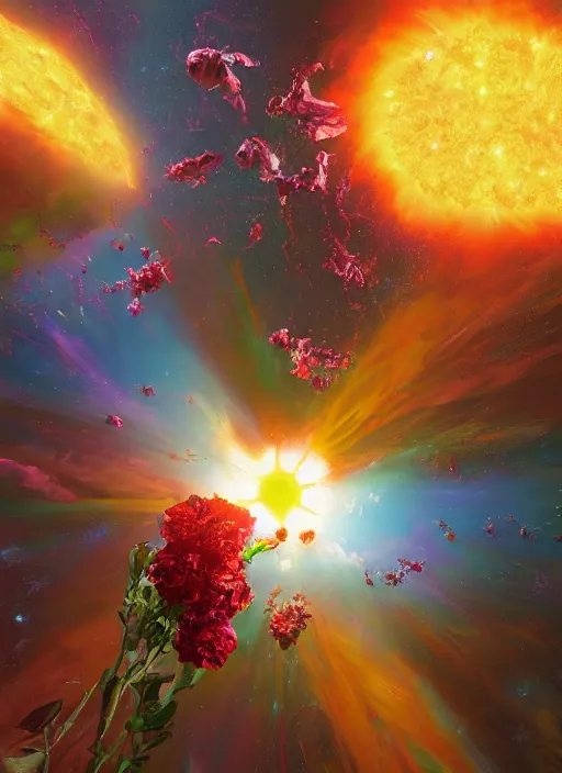 Image similar to An epic fantastic realism comic book style painting of the most beautiful flowers launched into space, bouquets, solar eclipse, fisheye, unreal 5, DAZ, hyperrealistic, octane render, dynamic lighting