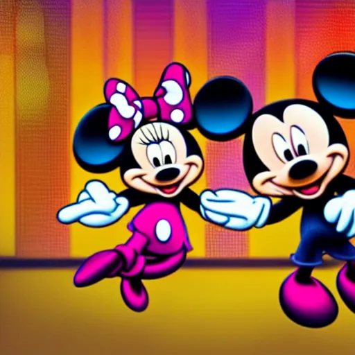 Prompt: minnie and mickey mouse raving in a warehouse highly detailed digital photograph