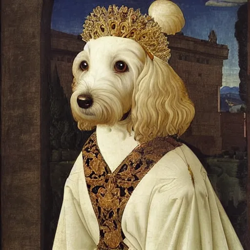 Image similar to portrait of a white labrododdle dog in an italian queen costume, painting by botticelli, 1 4 8 0 s