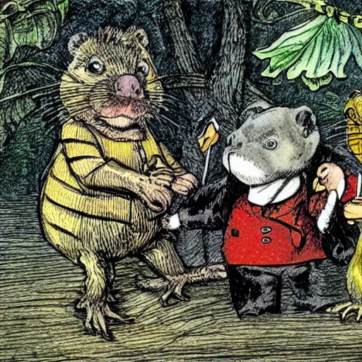 Prompt: colored illustration for the book wind in the willows, with toad welcominging his friends mole, water rat, and badger to toad hall, in style of sir john tenniel