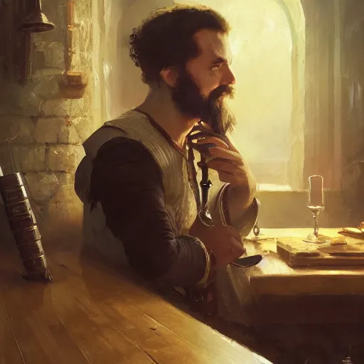 Image similar to 'portrait of a bard drinking in a tavern, art by Greg Rutkowski, 4k'