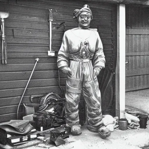 Image similar to neptune standing in his garage, very detailed photo