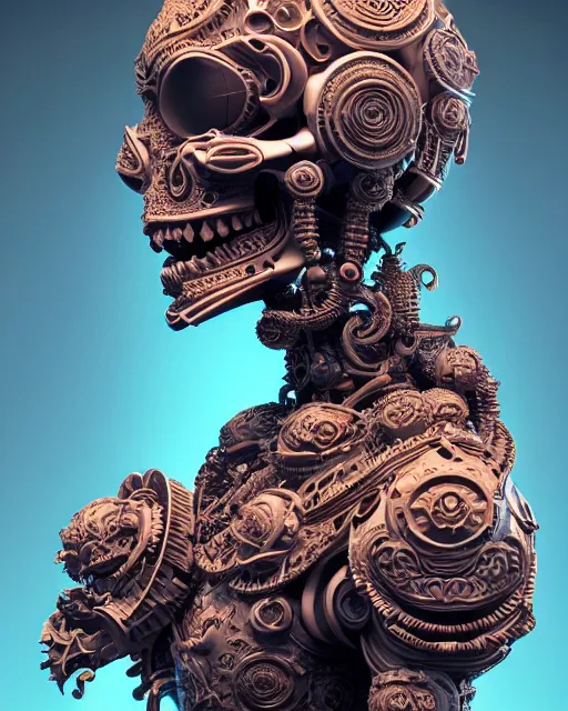 Prompt: 3 d ornate carved robot with tattoos profile portrait, sigma 5 0 0 mm f / 5. beautiful intricate highly detailed skull. bioluminescent, plasma, lava, ice, water, wind, creature, thunderstorm! artwork by tooth wu and wlop and beeple and greg rutkowski, 8 k trending on artstation