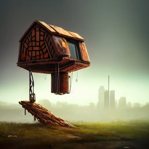 Image similar to a walking wood house with two mechanical legs and two glowing eyes and two hands, rust, hyperrealistic, pareidolia, highly detailed, cinematic, single ray of sun, fog, city in background, beautiful, cgssociety, artstation, 8 k, oil painting