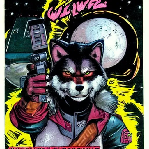 Image similar to 1 9 8 0 s comic book cover scan featuring a portrait of villain male wolf o'donnell anthropomorphic wolf furry fursona from starfox wearing a dark space mercenary uniform, dark grey wolf, handsome eyes, wolf o'donnell