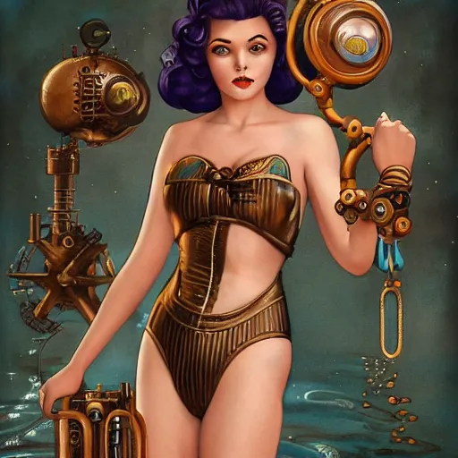 Image similar to lofi steampunk bioshock swimming suit, Pixar style, by Tristan Eaton Stanley Artgerm and Tom Bagshaw.