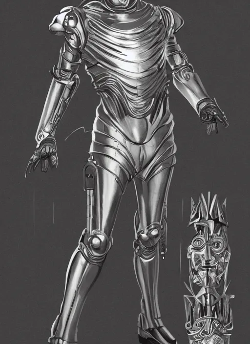 Image similar to powerful male tin man, willem dafoe as tinman, full body character concept, covered in full metal plating, art nouveau, super powers, fantasy, intricate, elegant, highly detailed, digital painting, artstation, concept art, shining, sharp focus, illustration, art by stanley lau