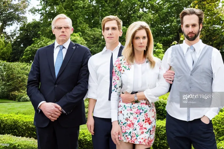 Prompt: press photo of a beautiful thirtysomething powerful white female president in a suit, being held romantically by her two younger white boyfriends in the white house rose garden, professional photo, press photo, glamorous, 8 k photorealistic, very detailed