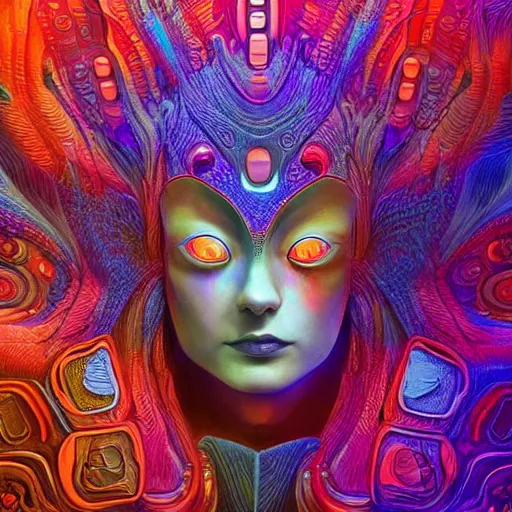 Image similar to Face of a Alien Deity, corals, circuitry, plume made of geometry, extremly detailed digital painting, sharp focus in the style of android jones, artwork of a futuristic artificial intelligence superstar, mystical colors, rim light, beautiful lighting, 8k, stunning scene, raytracing, octane, under water visual distortion, dark tones colors, trending on artstation