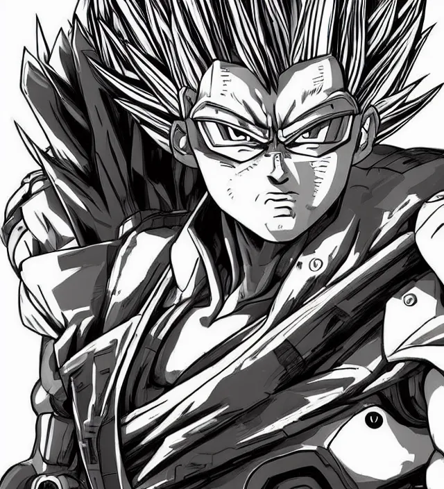 Image similar to a character portrait of a cyborg super saiyan in the style of moebius in the style of yoji shinkawa trending on artstation deviantart pinterest detailed realistic hd 8 k high resolution