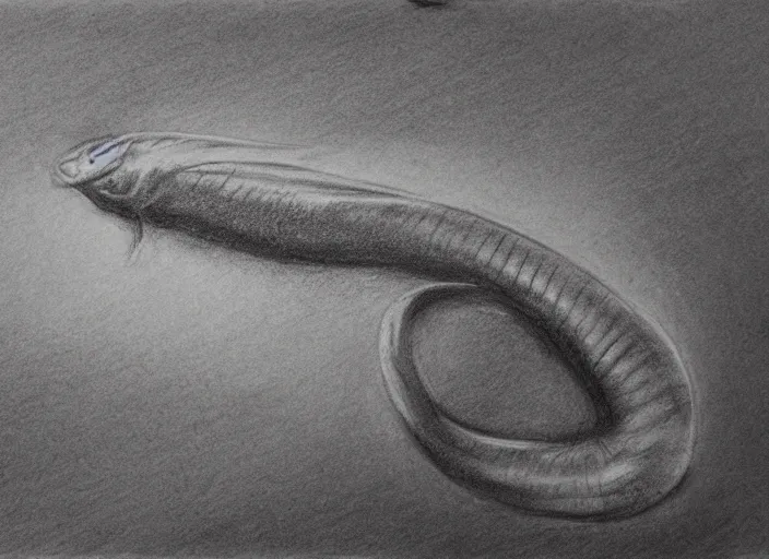 Image similar to detailed charcoal sketch of an eel, some edges lost, subtle, beautiful epic sketch, light and medium values, clean elegant and refined sketch, equal focus of attention throughout