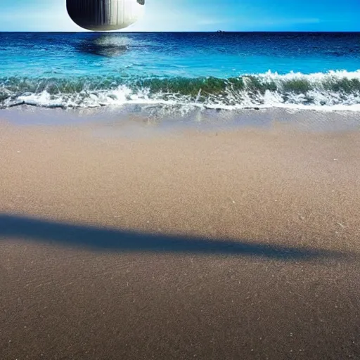 Image similar to a beautiful beach front clear skies, crystal clear water with the death star in the backround, ultra hd